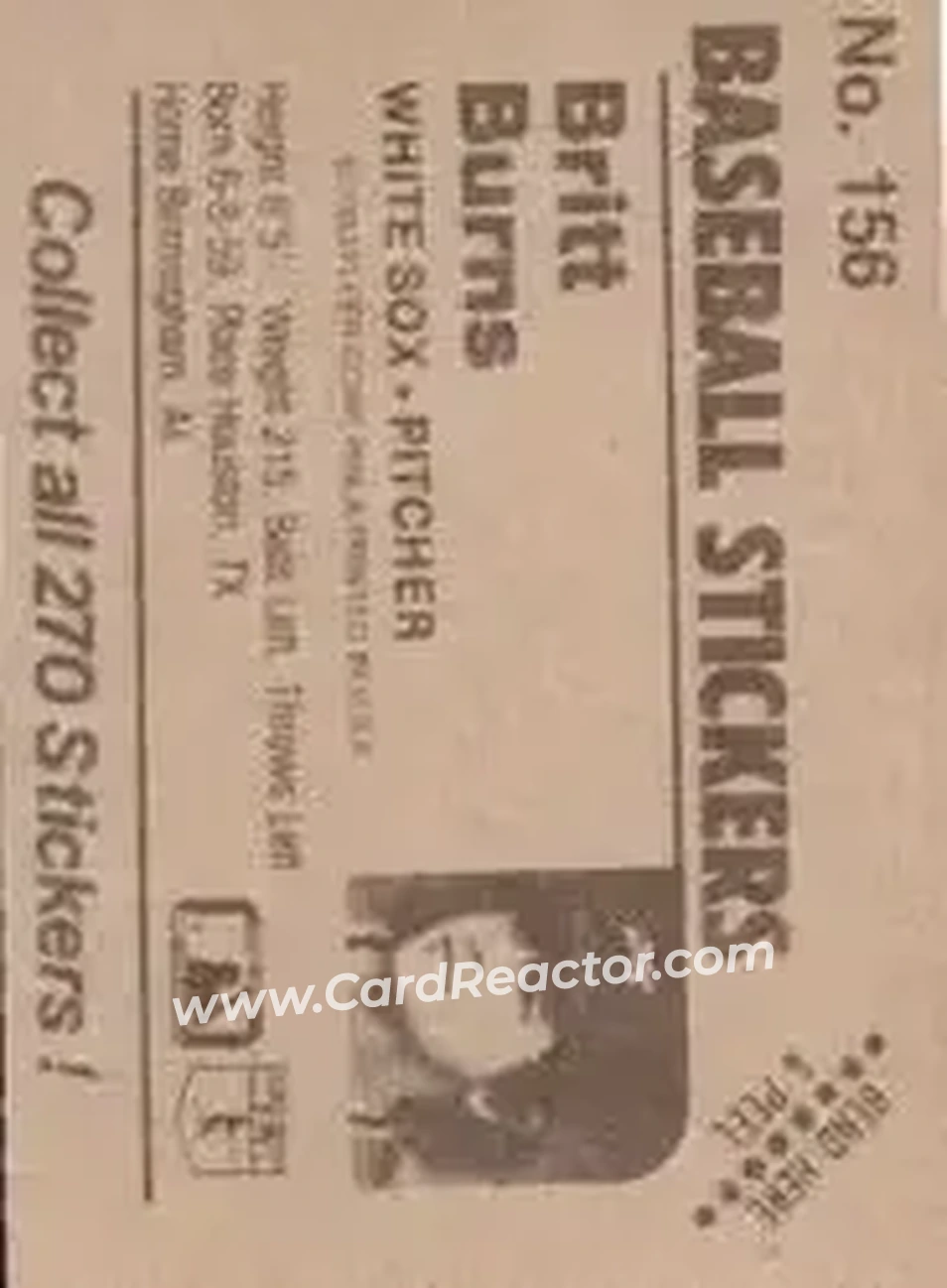 1983 Fleer Star Stickers #156 - Britt Burns - Chicago White Sox - Back 1983 Fleer Star Stickers #156 - Britt Burns - Chicago White Sox - Back