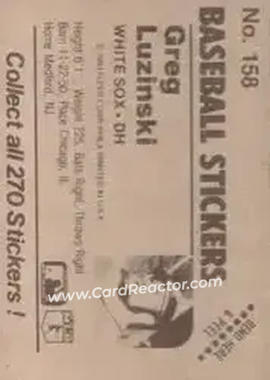 1983 Fleer Star Stickers #158 - Greg Luzinski - Chicago White Sox - Back 1983 Fleer Star Stickers #158 - Greg Luzinski - Chicago White Sox - Back