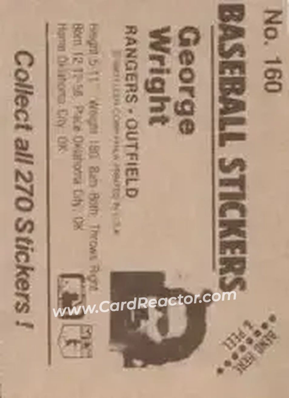 1983 Fleer Star Stickers #160 - George Wright - Texas Rangers - Back