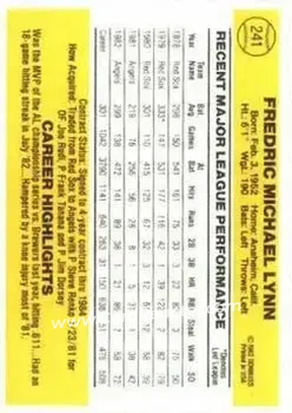 1983 Donruss #241 - Fred Lynn - California Angels - Back