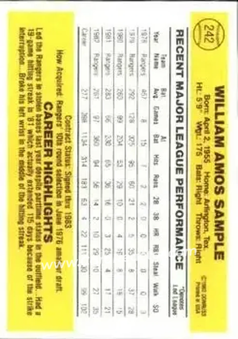 1983 Donruss #242 - Billy Sample - Texas Rangers - Back 1983 Donruss #242 - Billy Sample - Texas Rangers - Back