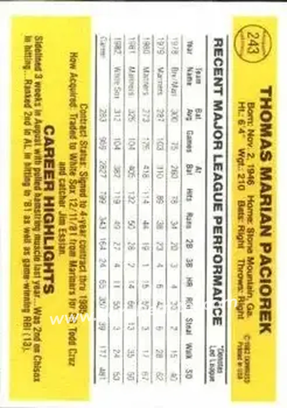 1983 Donruss #243 - Tom Paciorek - Chicago White Sox - Back 1983 Donruss #243 - Tom Paciorek - Chicago White Sox - Back