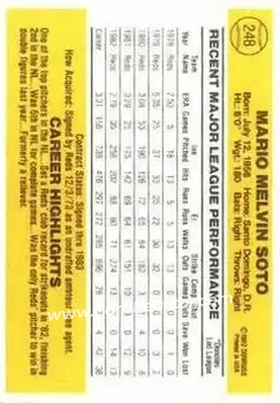 1983 Donruss #248 - Mario Soto - Cincinnati Reds - Back