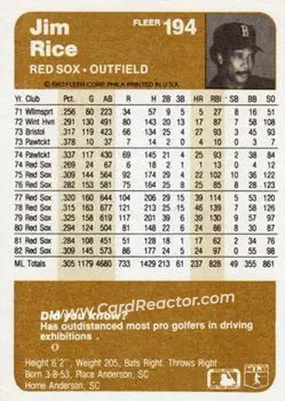 1983 Fleer #194 - Jim Rice - Boston Red Sox - Back