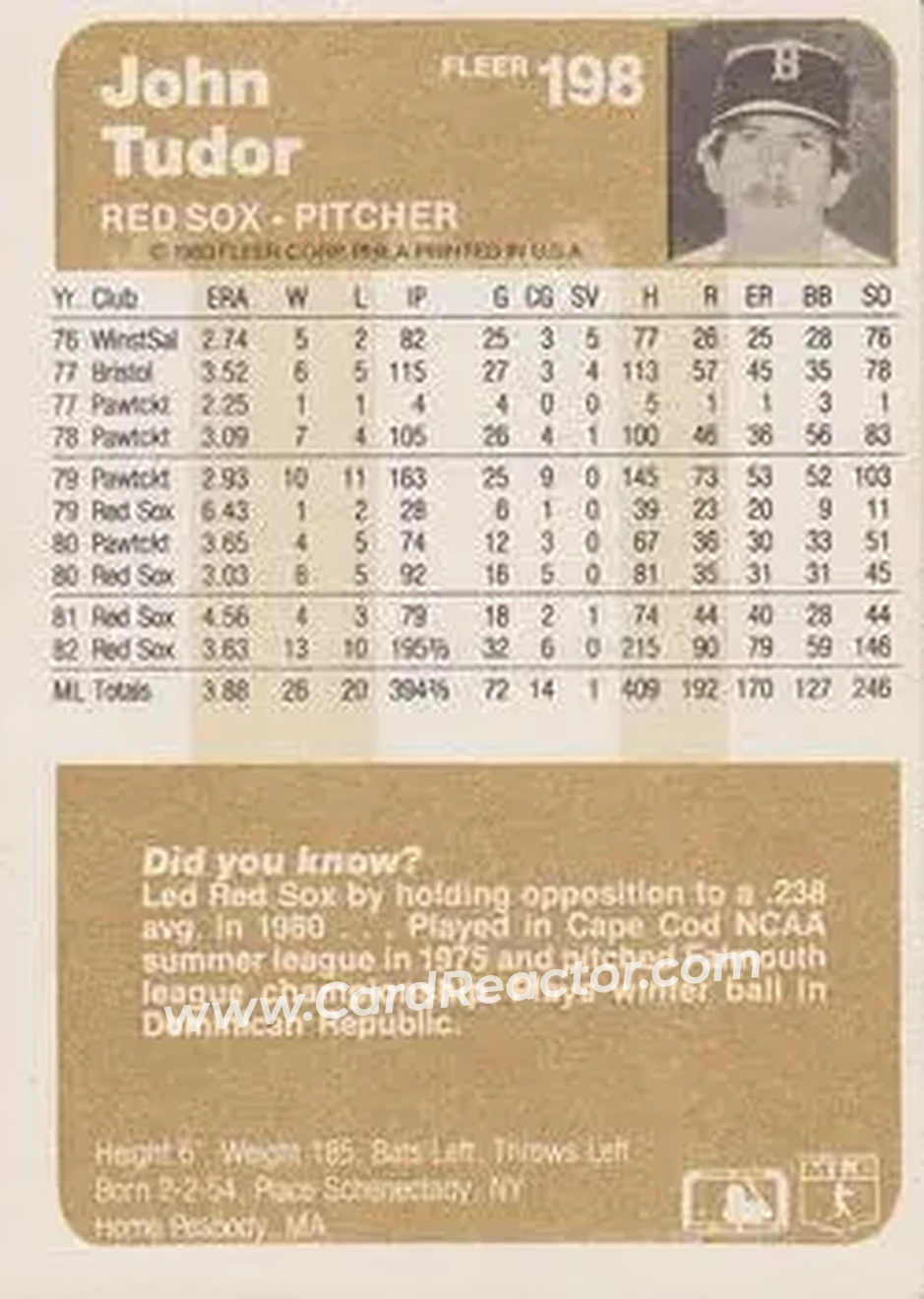 1983 Fleer #198 - John Tudor - Boston Red Sox - Back 1983 Fleer #198 - John Tudor - Boston Red Sox - Back