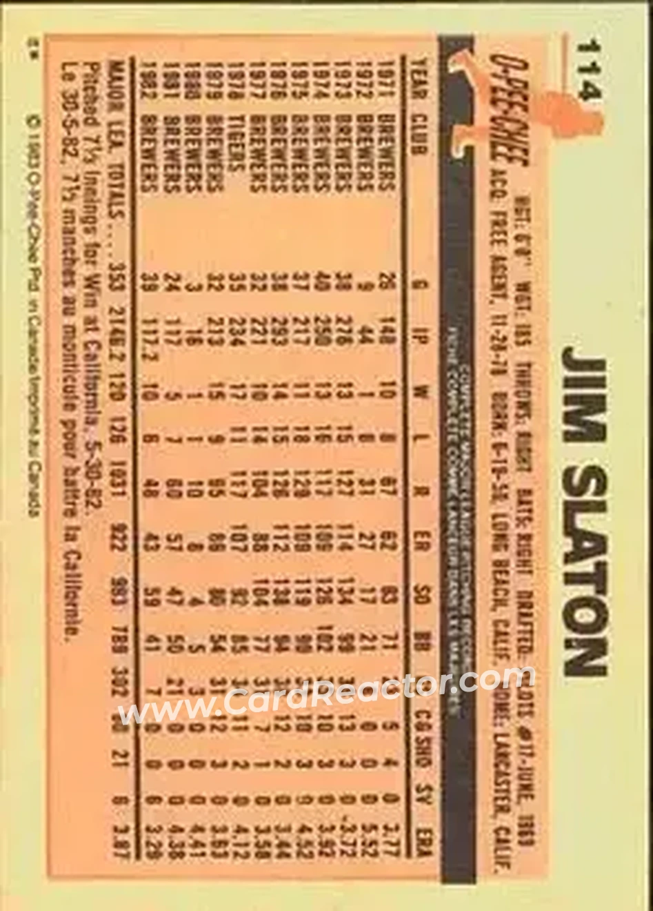 1983 O-Pee-Chee #114 - Jim Slaton - Milwaukee Brewers - Back 1983 O-Pee-Chee #114 - Jim Slaton - Milwaukee Brewers - Back