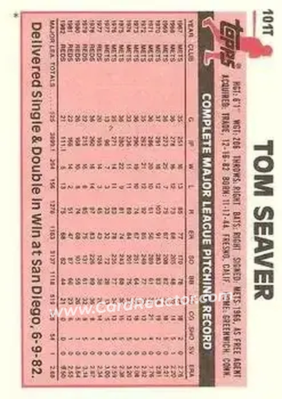 1983 Topps Traded #101T - Tom Seaver - New York Mets - Back