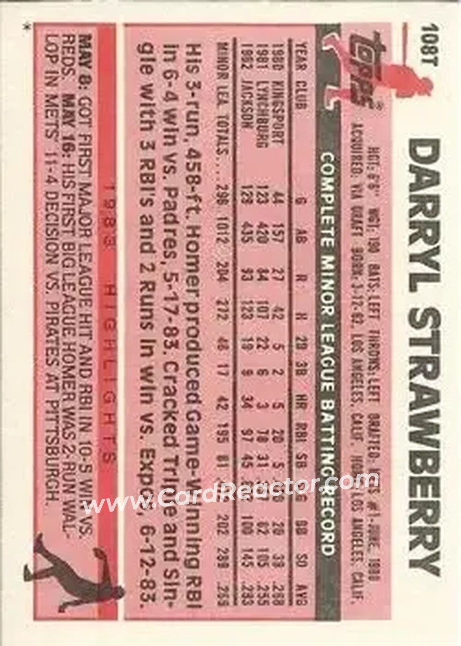 1983 Topps Traded #108T - Darryl Strawberry - New York Mets - Back 1983 Topps Traded #108T - Darryl Strawberry - New York Mets - Back