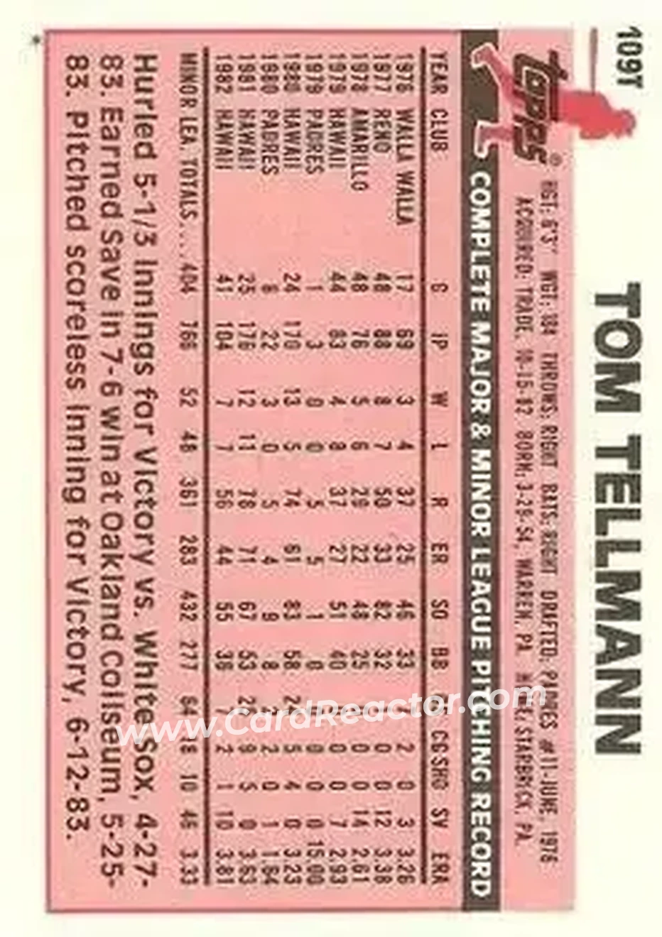 1983 Topps Traded #109T - Tom Tellmann - Milwaukee Brewers - Back 1983 Topps Traded #109T - Tom Tellmann - Milwaukee Brewers - Back