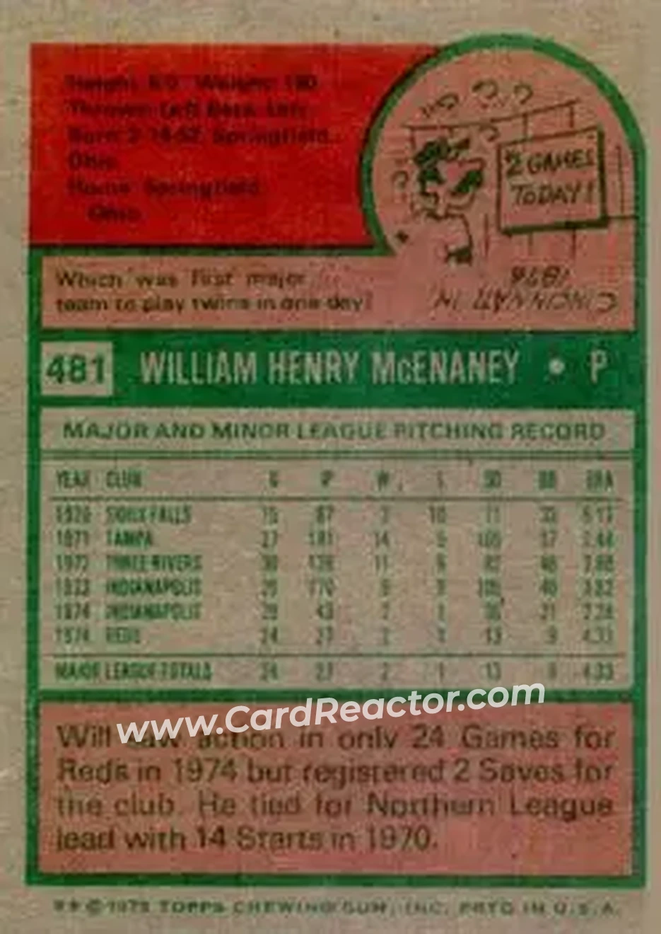 1975 Topps #481 - Will McEnaney - Cincinnati Reds - Back
