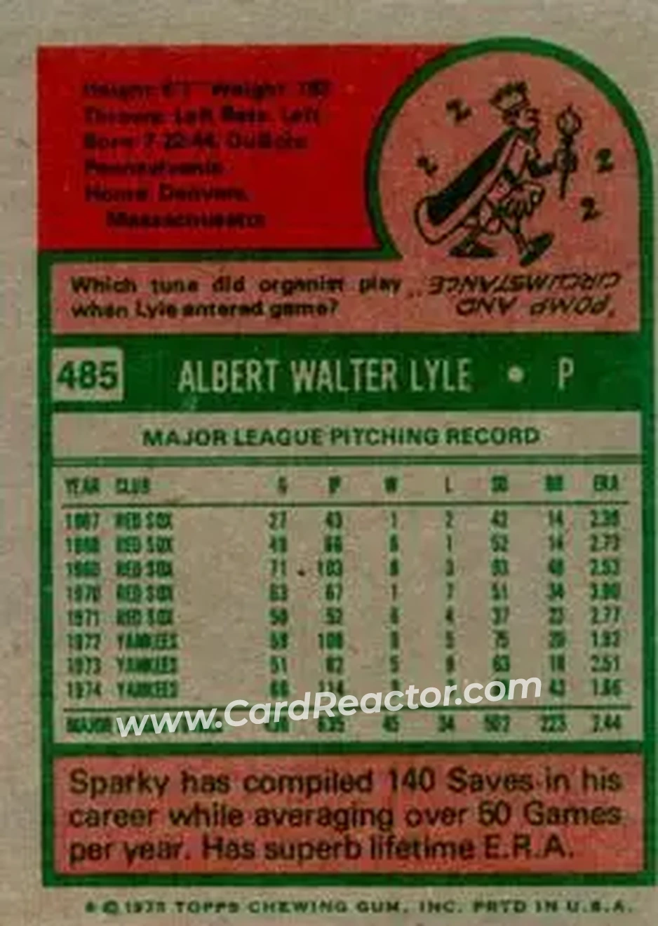 1975 Topps #485 - Sparky Lyle - New York Yankees - Back 1975 Topps #485 - Sparky Lyle - New York Yankees - Back