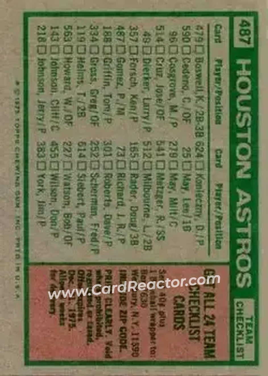1975 Topps #487 - Card #487 - Houston Astros - Back