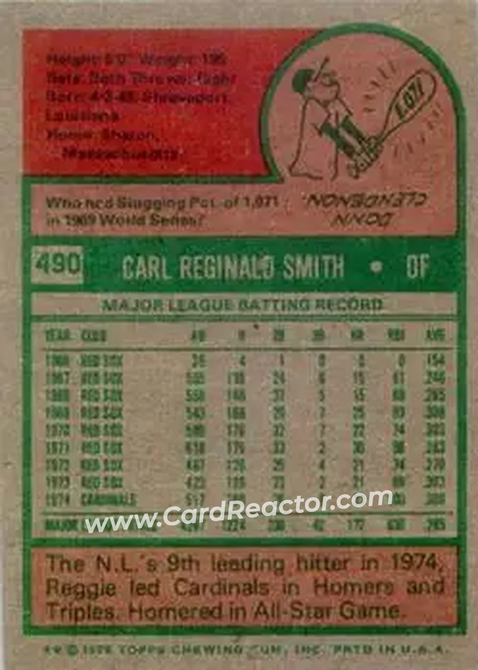 1975 Topps #490 - Reggie Smith - St. Louis Cardinals - Back 1975 Topps #490 - Reggie Smith - St. Louis Cardinals - Back