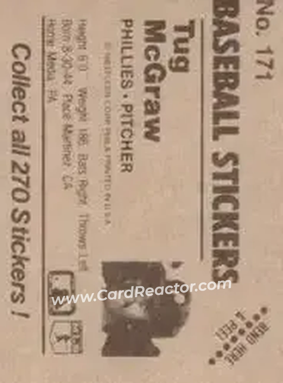 1983 Fleer Star Stickers #171 - Tug McGraw - Philadelphia Phillies - Back
