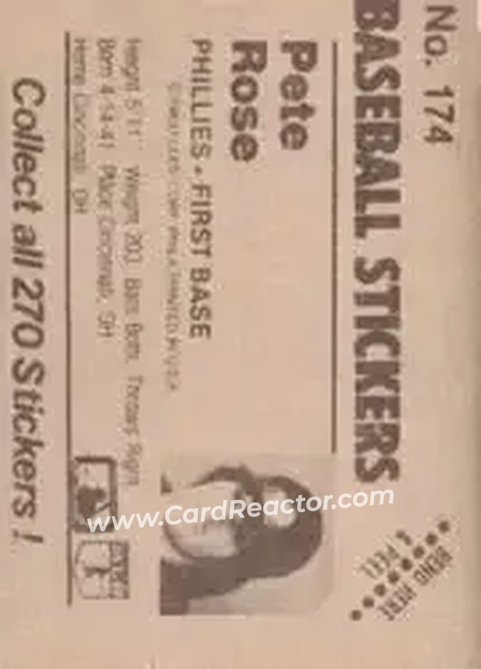 1983 Fleer Star Stickers #174 - Pete Rose - Philadelphia Phillies - Back