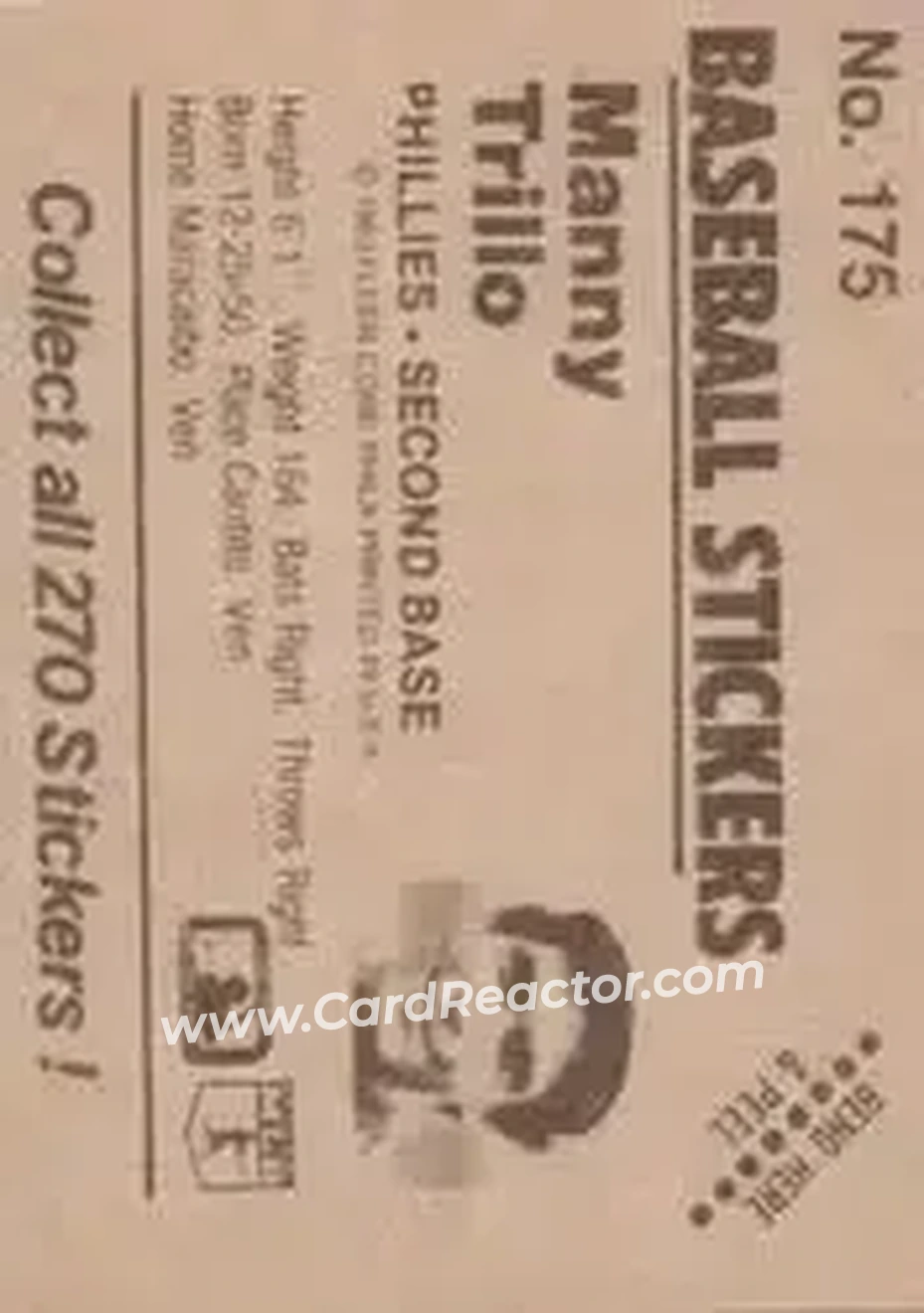 1983 Fleer Star Stickers #175 - Manny Trillo - Philadelphia Phillies - Back 1983 Fleer Star Stickers #175 - Manny Trillo - Philadelphia Phillies - Back