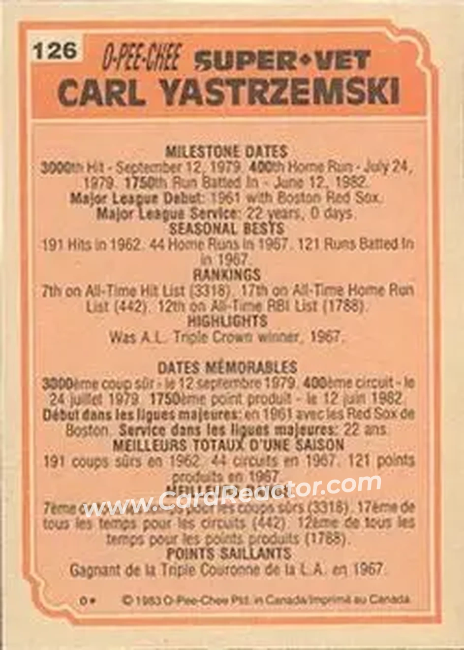 1983 O-Pee-Chee #126 - Carl Yastrzemski - Boston Red Sox - Back