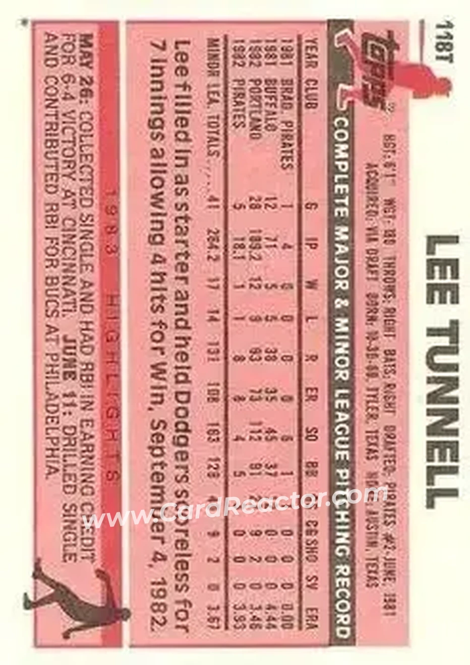 1983 Topps Traded #118T - Lee Tunnell - Pittsburgh Pirates - Back 1983 Topps Traded #118T - Lee Tunnell - Pittsburgh Pirates - Back