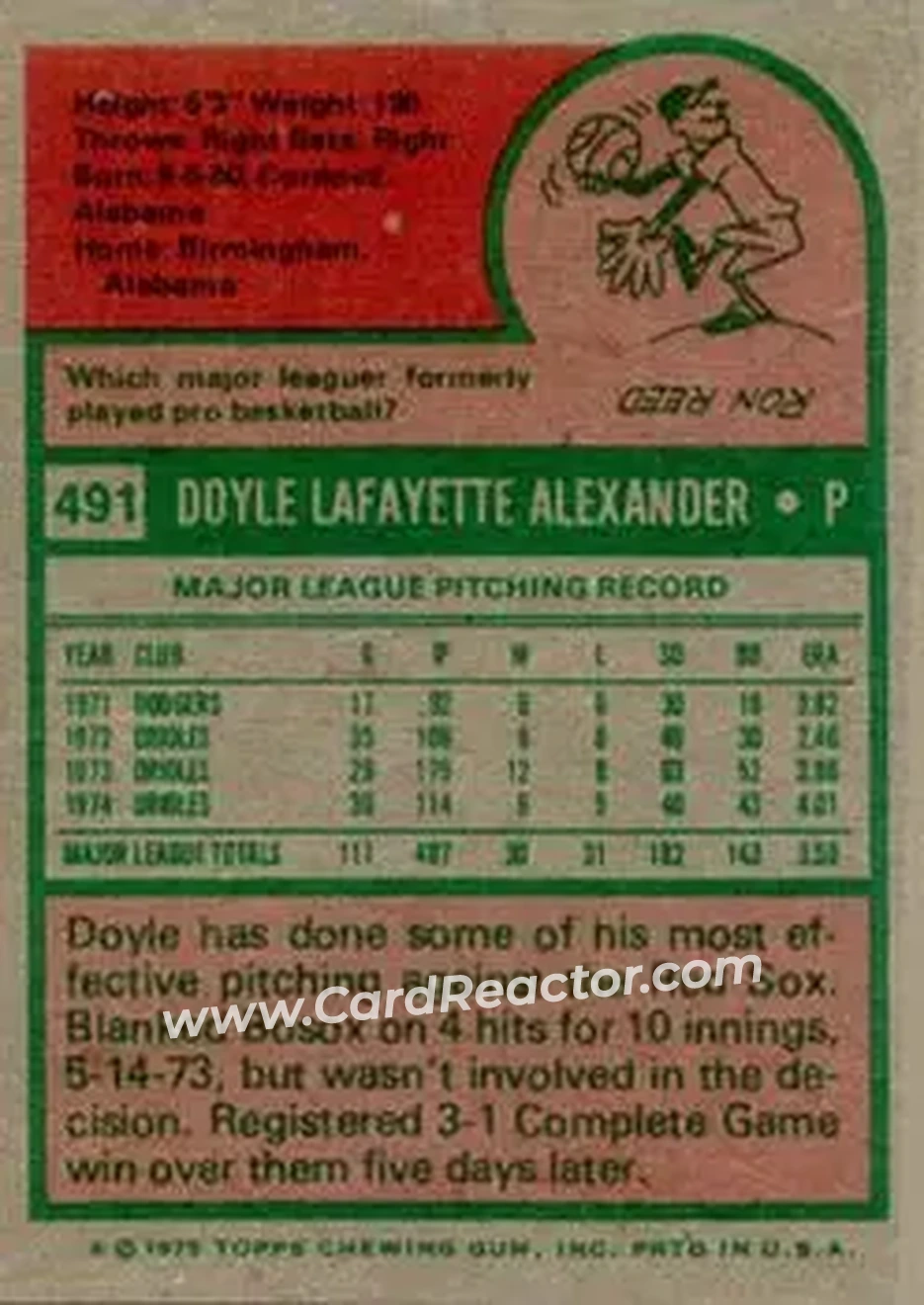 1975 Topps #491 - Doyle Alexander - Baltimore Orioles - Back