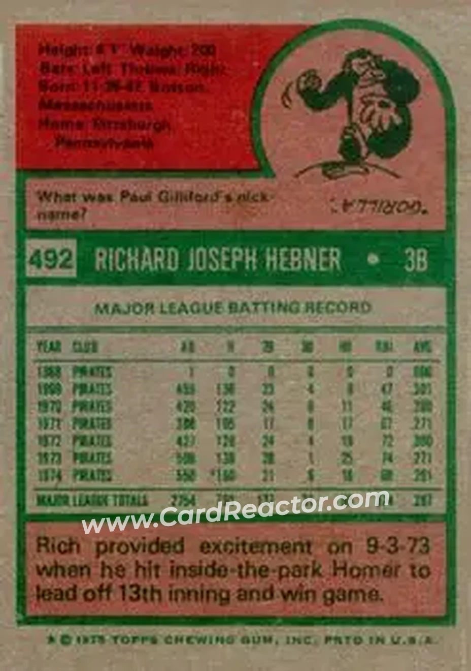1975 Topps #492 - Rich Hebner - Pittsburgh Pirates - Back