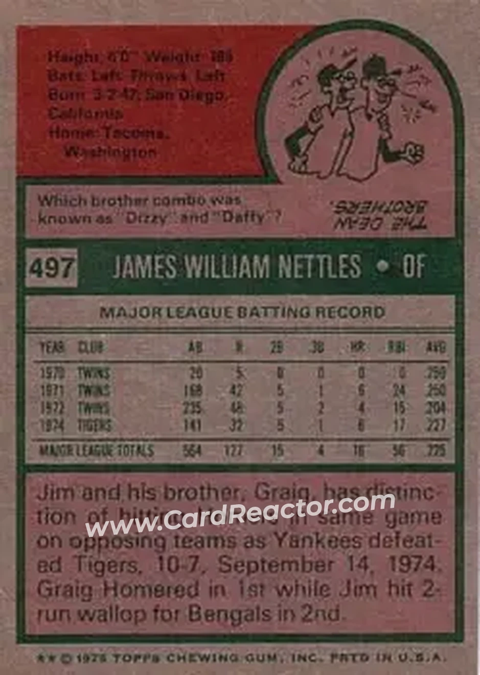 1975 Topps #497 - Jim Nettles - Detroit Tigers - Back 1975 Topps #497 - Jim Nettles - Detroit Tigers - Back