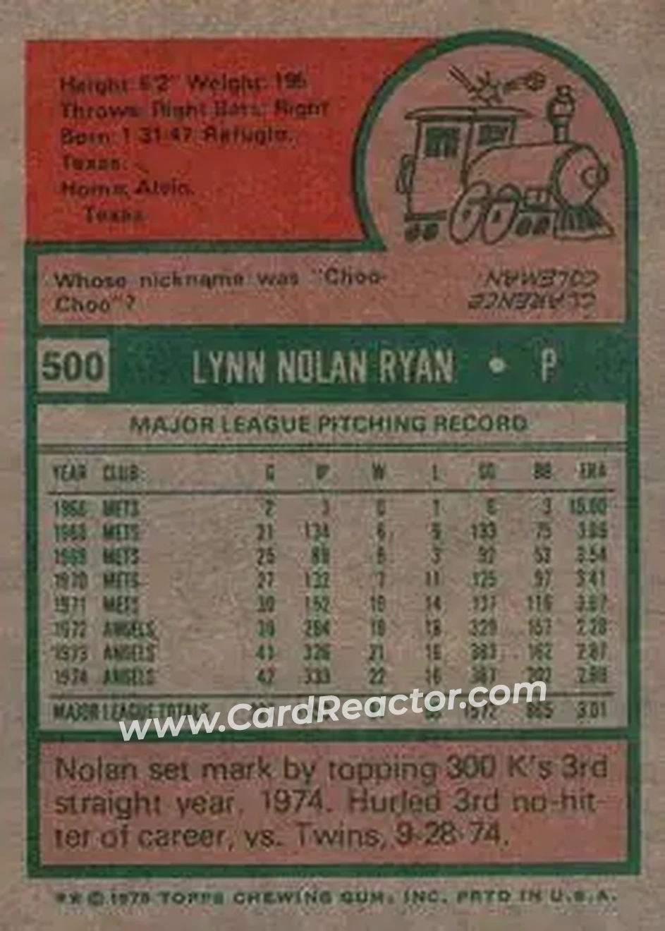 1975 Topps #500 - Nolan Ryan - California Angels - Back
