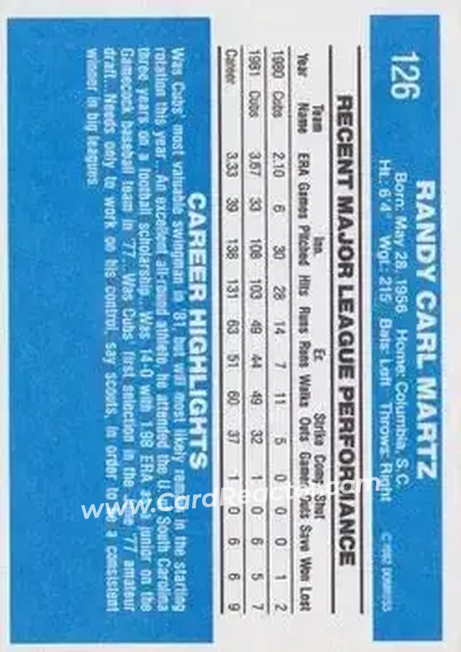 1982 Donruss #126 - Randy Martz - Chicago Cubs - Back 1982 Donruss #126 - Randy Martz - Chicago Cubs - Back