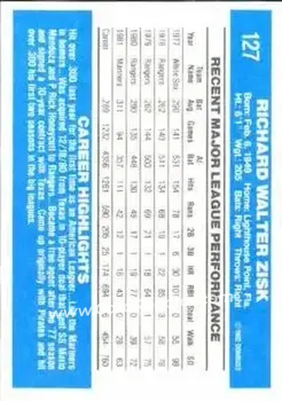 1982 Donruss #127 - Richie Zisk - Seattle Mariners - Back