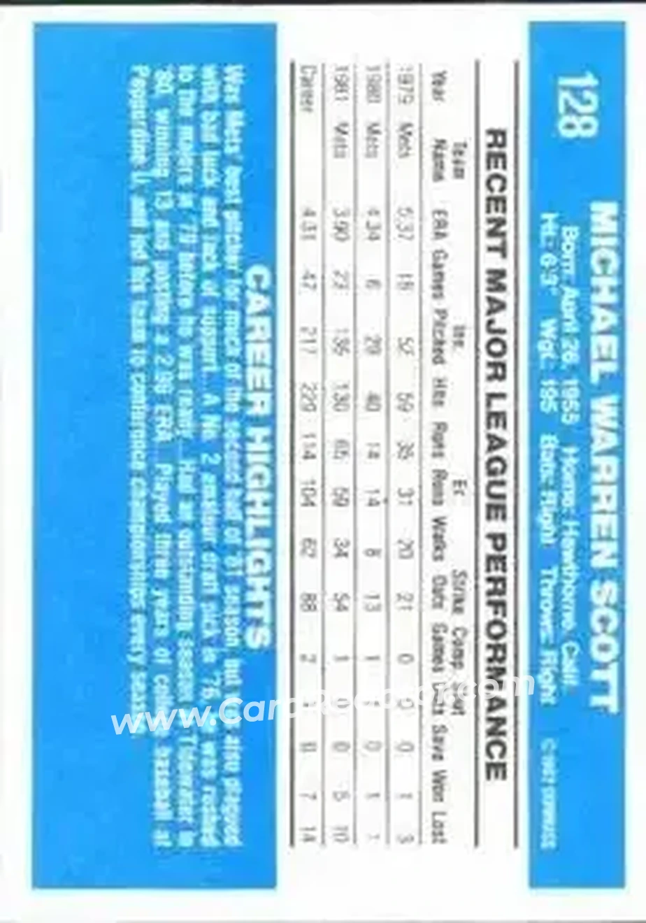 1982 Donruss #128 - Mike Scott - New York Mets - Back 1982 Donruss #128 - Mike Scott - New York Mets - Back