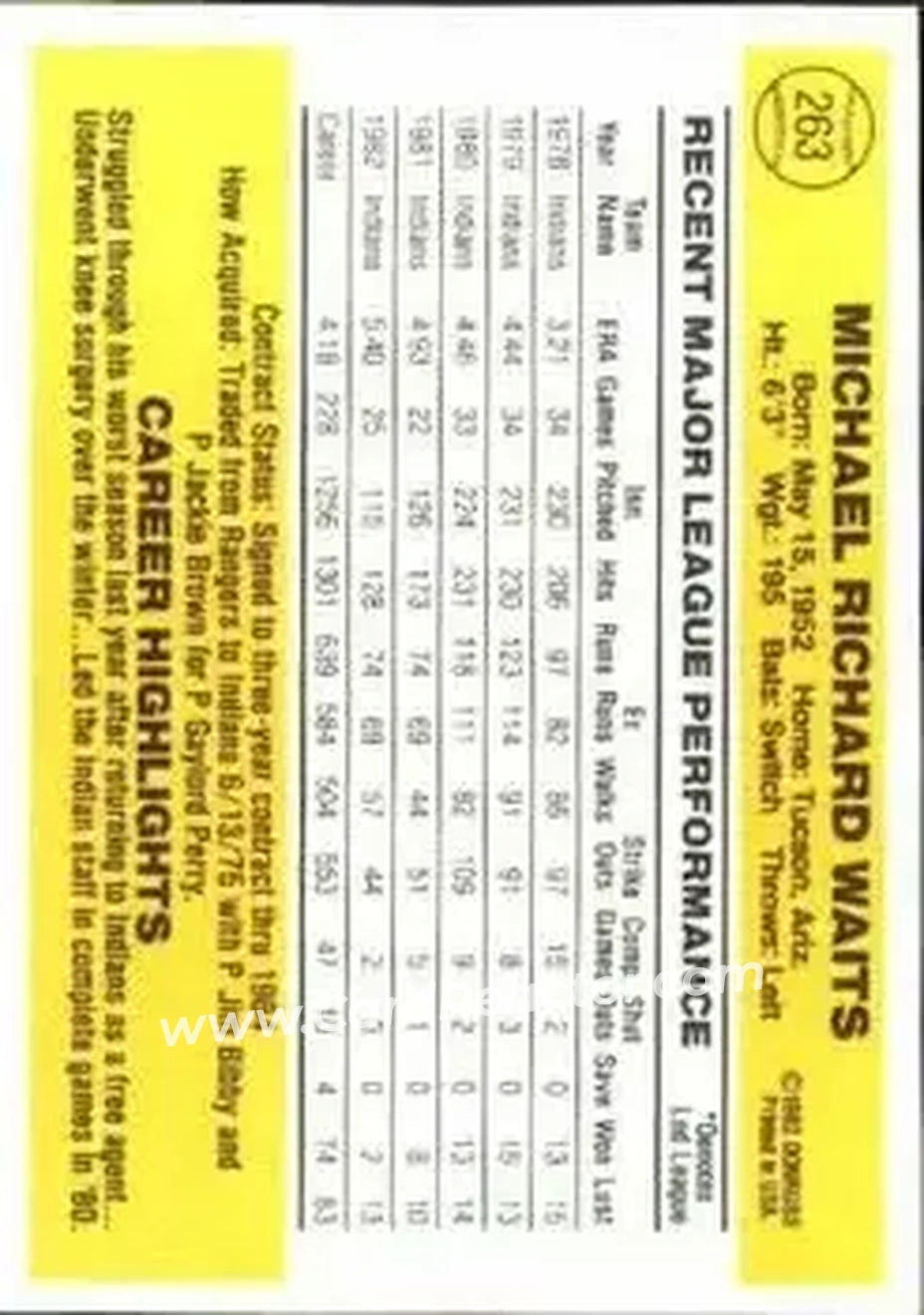 1983 Donruss #263 - Rick Waits - Cleveland Indians - Back 1983 Donruss #263 - Rick Waits - Cleveland Indians - Back