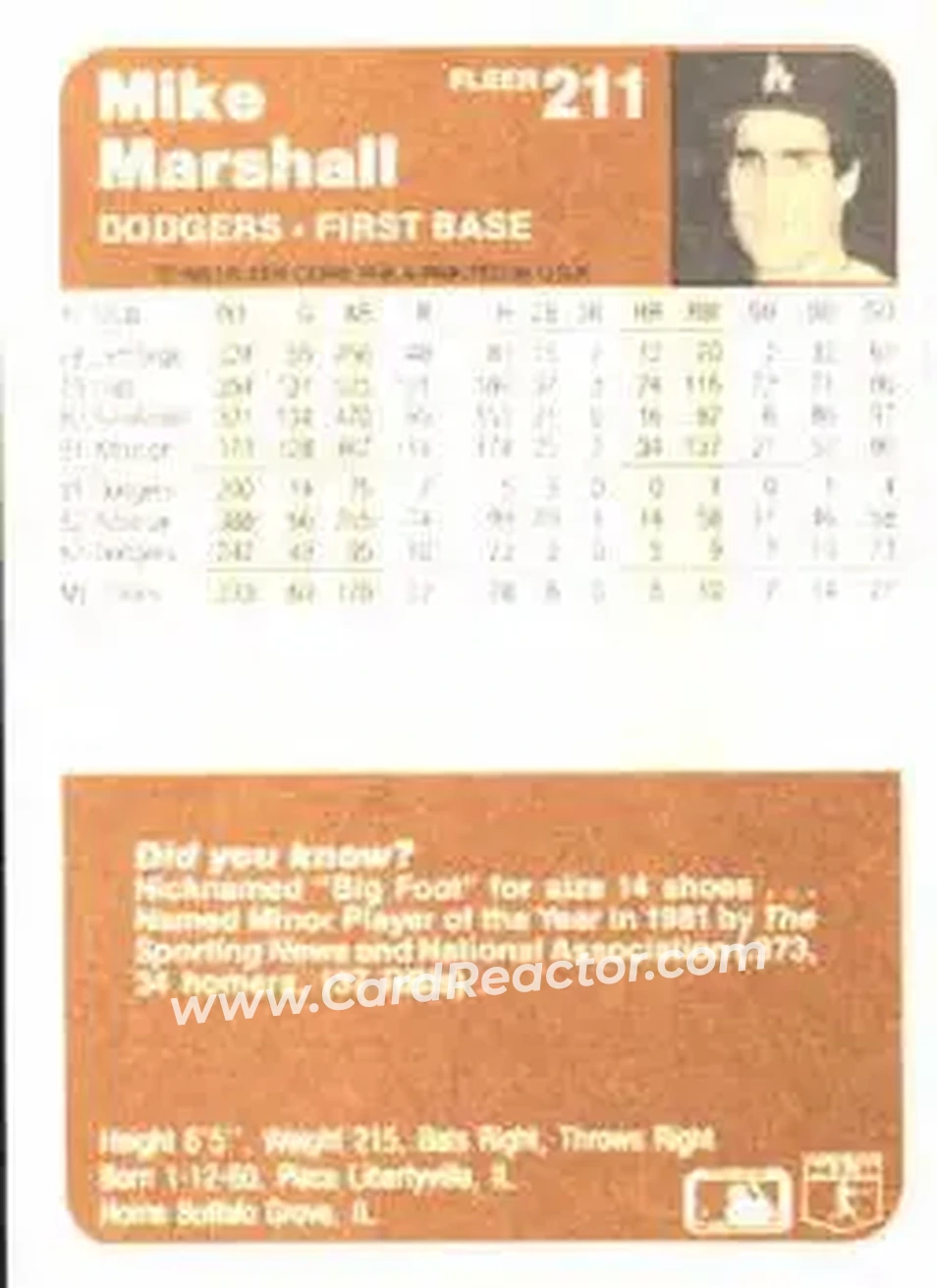1983 Fleer #211 - Mike Marshall - Los Angeles Dodgers - Back