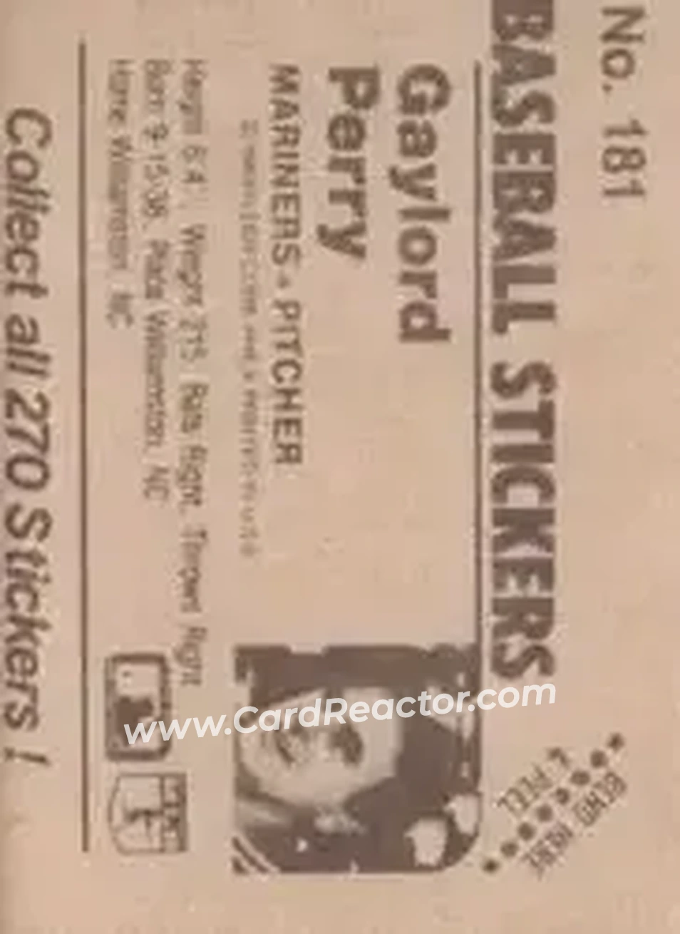 1983 Fleer Star Stickers #181 - Gaylord Perry - Seattle Mariners - Back 1983 Fleer Star Stickers #181 - Gaylord Perry - Seattle Mariners - Back