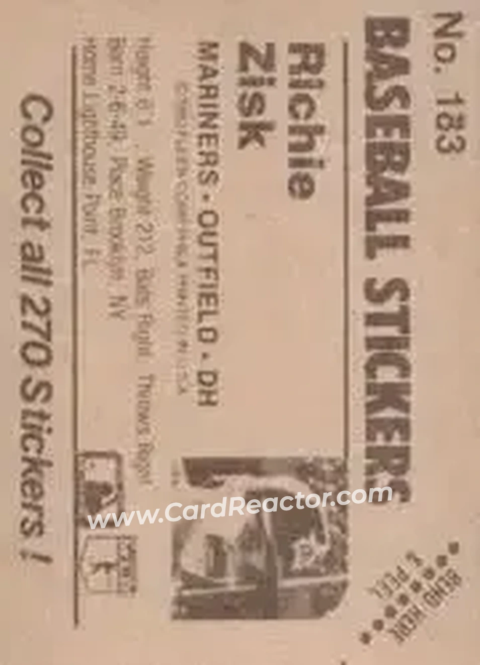 1983 Fleer Star Stickers #183 - Richie Zisk - Seattle Mariners - Back