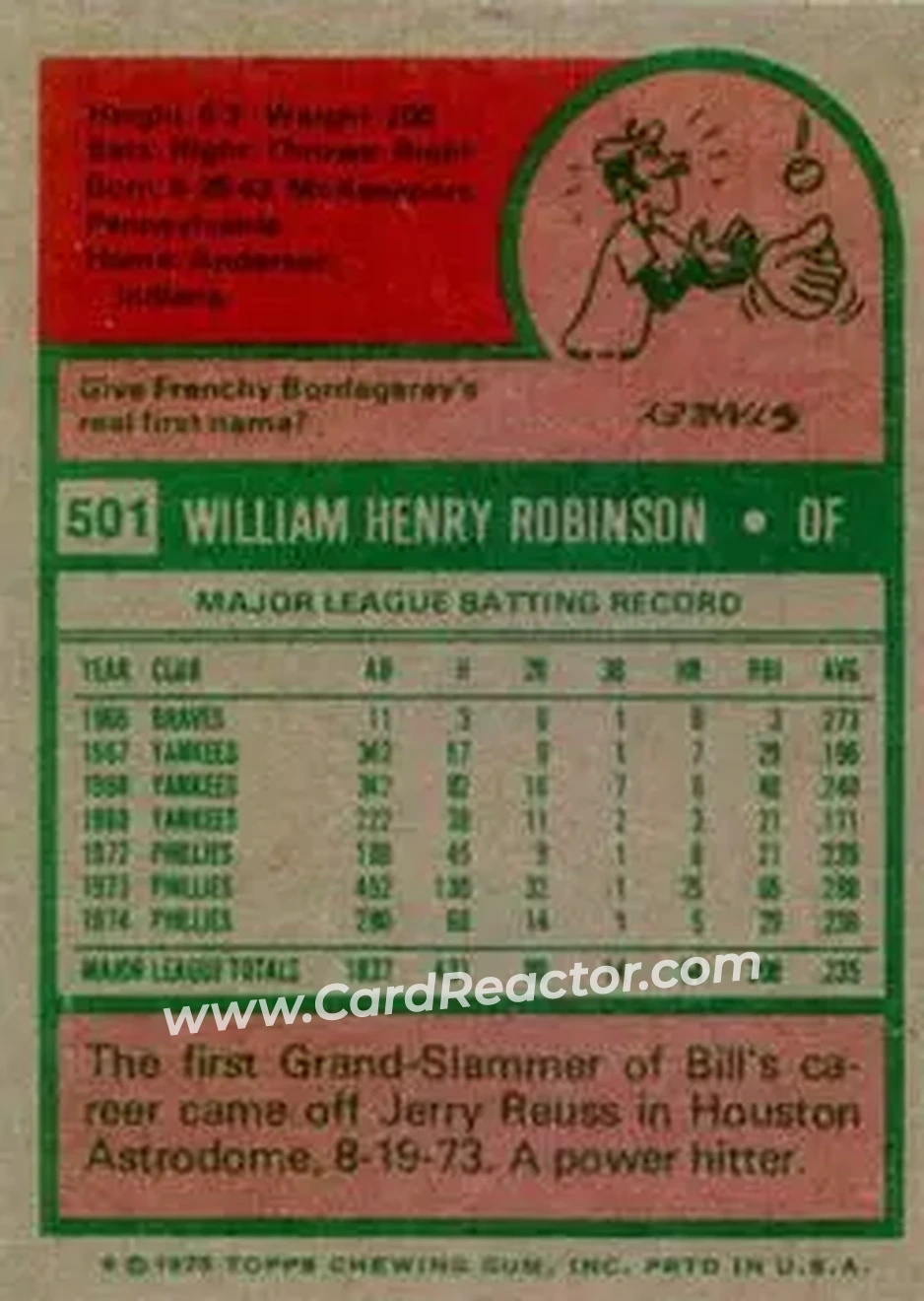 1975 Topps #501 - Bill Robinson (b. 1943 OF) - Philadelphia Phillies - Back