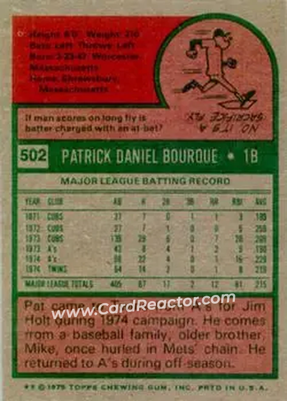 1975 Topps #502 - Pat Bourque - Oakland Athletics - Back 1975 Topps #502 - Pat Bourque - Oakland Athletics - Back