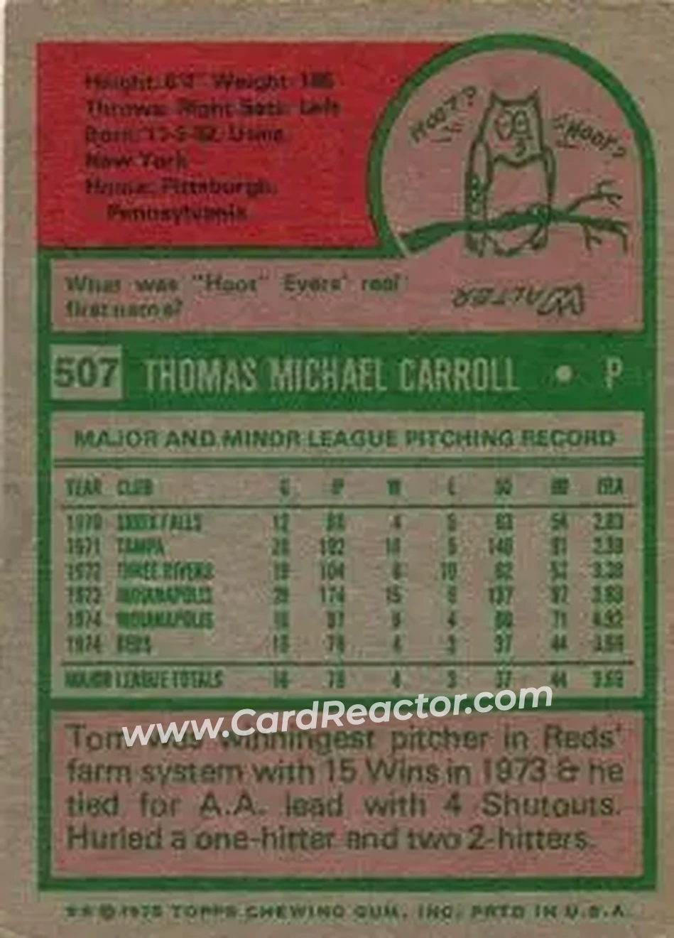 1975 Topps #507 - Tom Carroll - Cincinnati Reds - Back