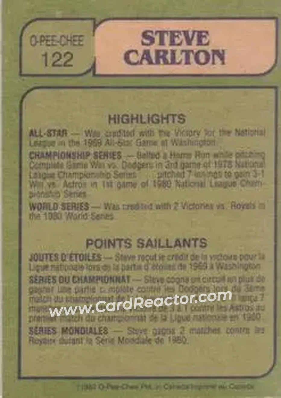 1982 O-Pee-Chee #122 - Steve Carlton - Philadelphia Phillies - Back