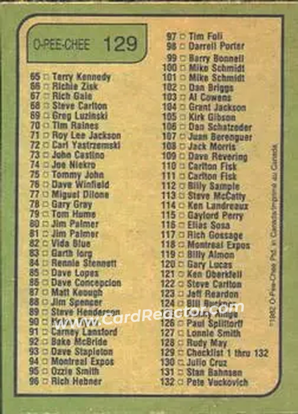 1982 O-Pee-Chee #129 - Card #129 - Back