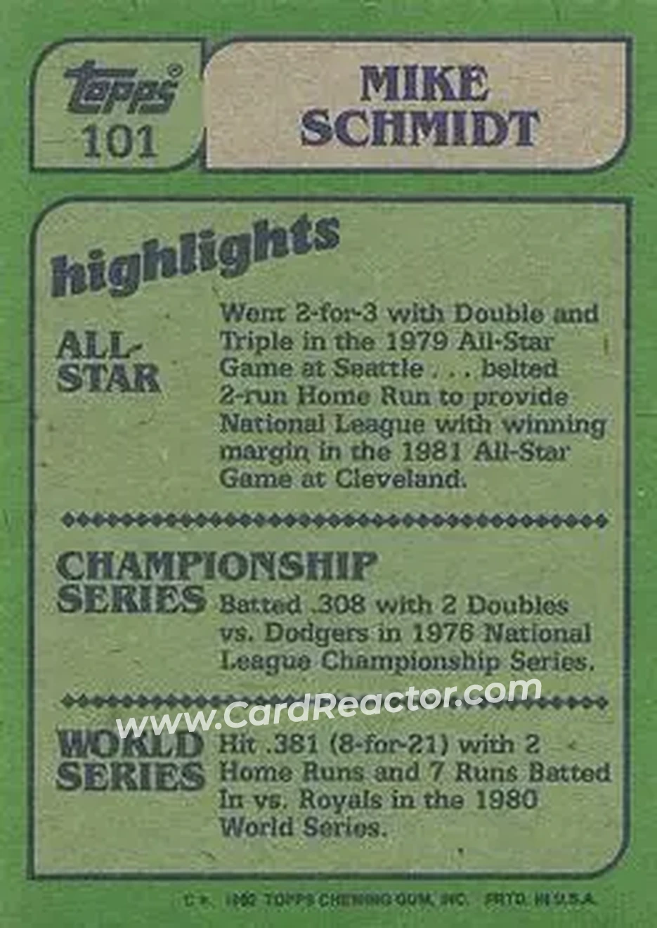 1982 Topps #101 - Mike Schmidt - Philadelphia Phillies - Back 1982 Topps #101 - Mike Schmidt - Philadelphia Phillies - Back