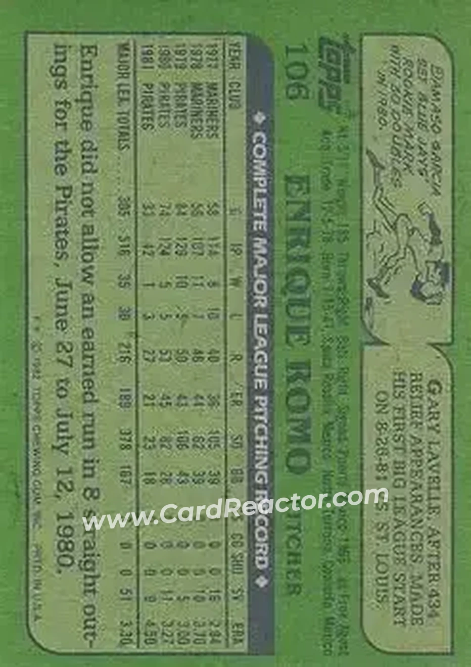 1982 Topps #106 - Enrique Romo - Pittsburgh Pirates - Back