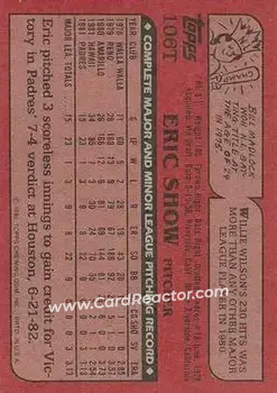 1982 Topps Traded #106T - Eric Show - San Diego Padres - Back 1982 Topps Traded #106T - Eric Show - San Diego Padres - Back