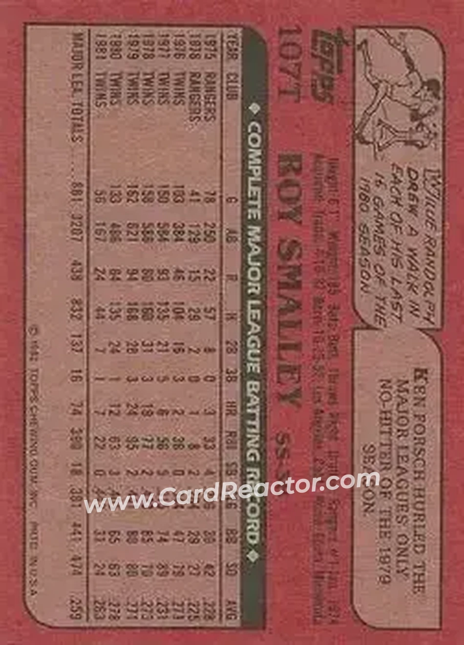 1982 Topps Traded #107T - Roy Smalley - New York Yankees - Back