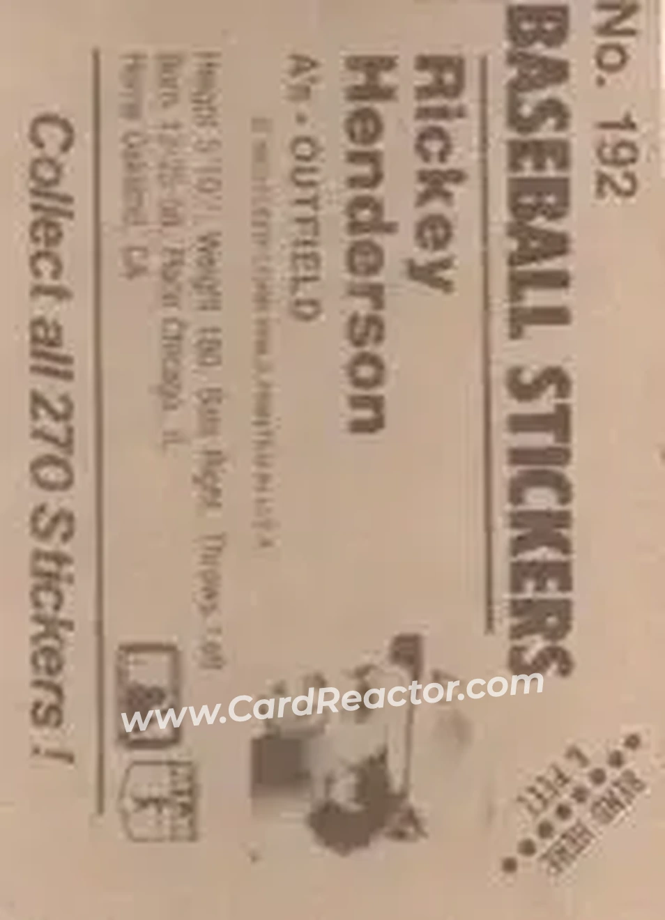 1983 Fleer Star Stickers #192 - Rickey Henderson - Oakland Athletics - Back