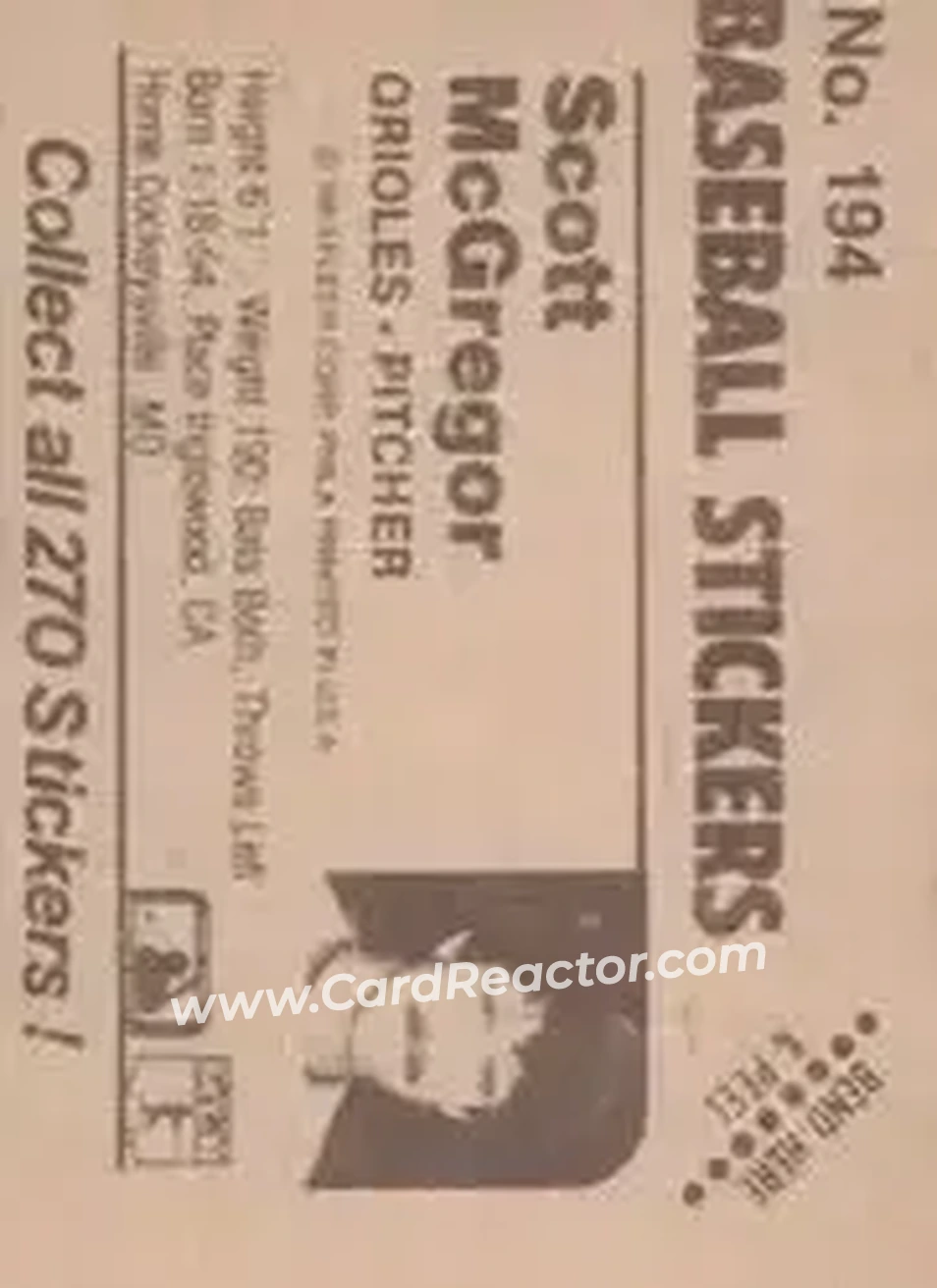 1983 Fleer Star Stickers #194 - Scott McGregor - Baltimore Orioles - Back 1983 Fleer Star Stickers #194 - Scott McGregor - Baltimore Orioles - Back
