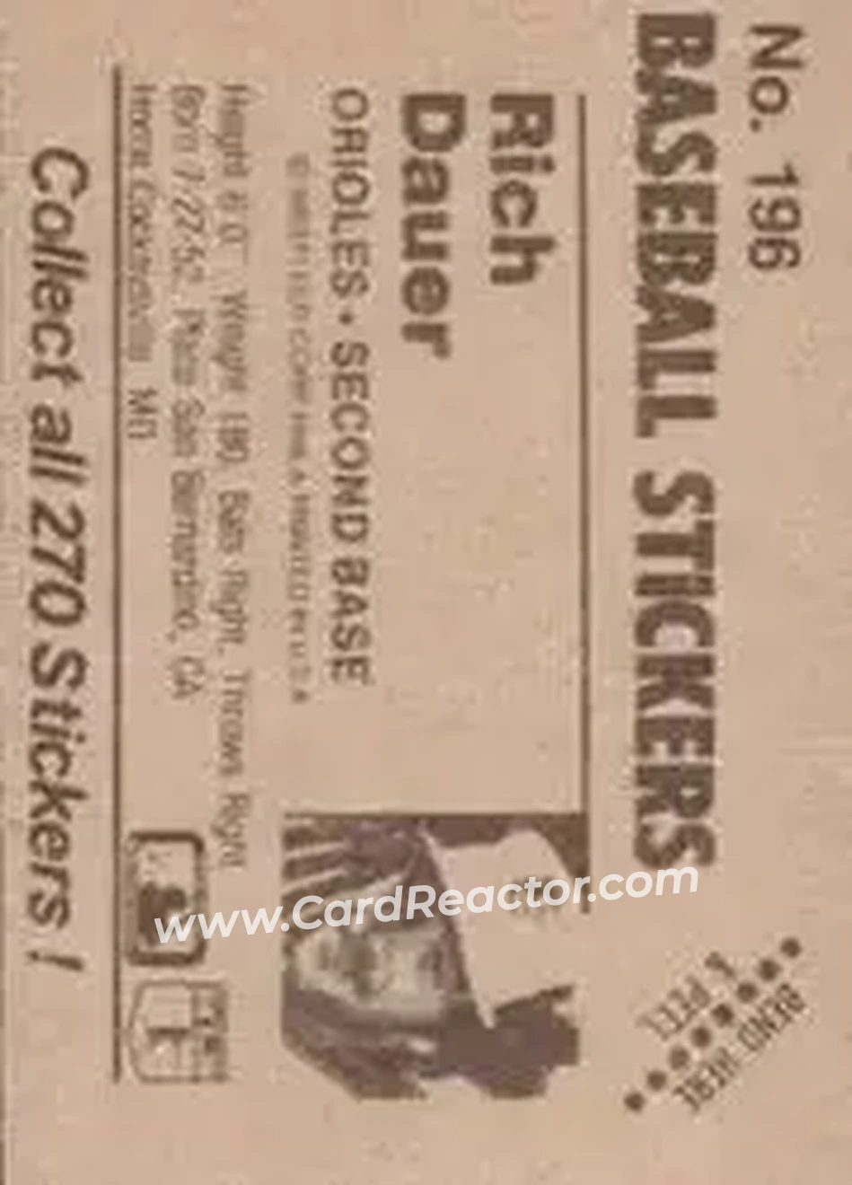 1983 Fleer Star Stickers #196 - Rich Dauer - Baltimore Orioles - Back 1983 Fleer Star Stickers #196 - Rich Dauer - Baltimore Orioles - Back