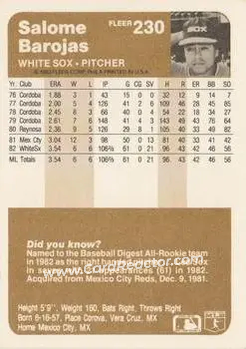1983 Fleer #230 - Salome Barojas - Chicago White Sox - Back