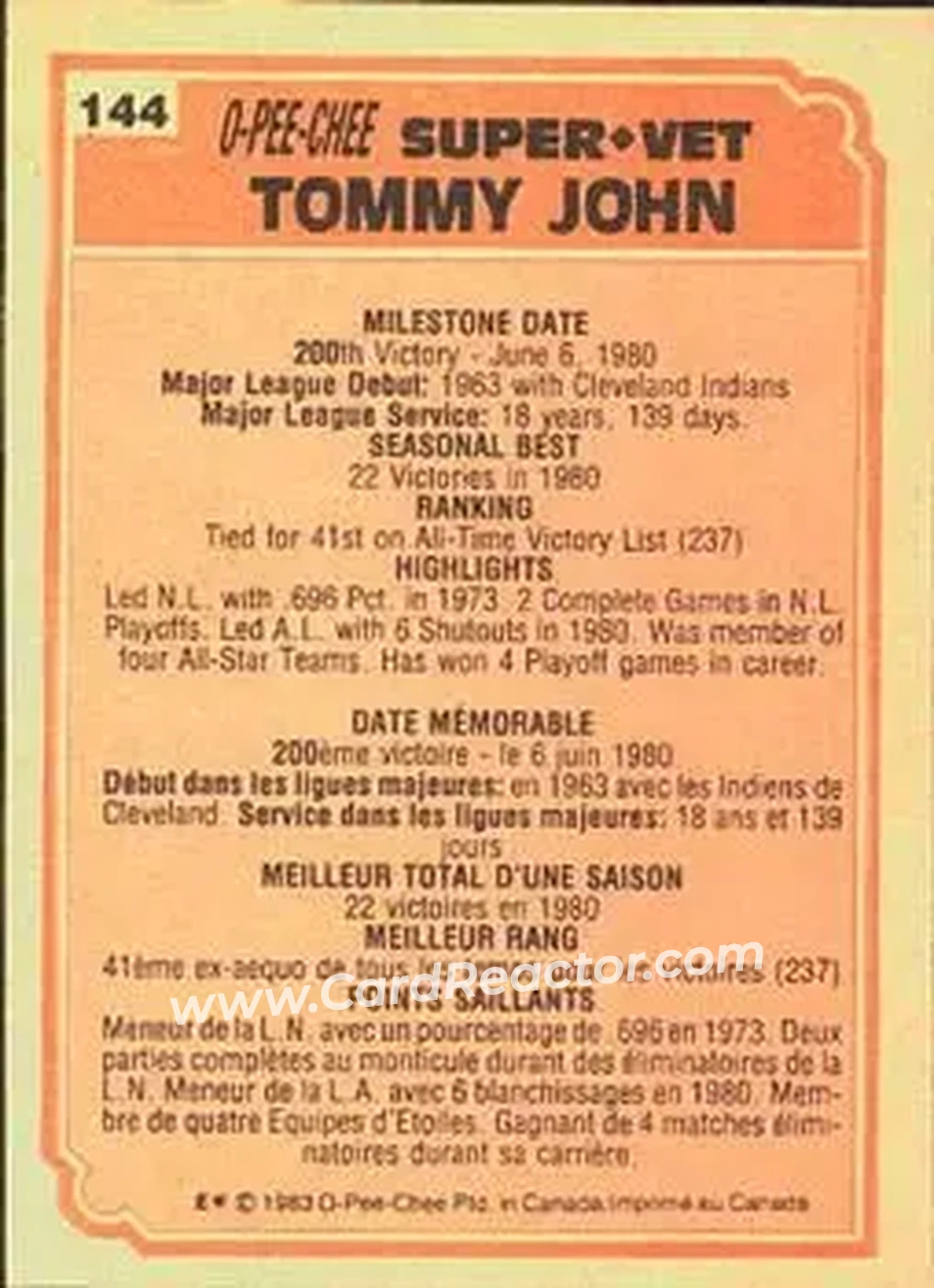 1983 O-Pee-Chee #144 - Tommy John - Back