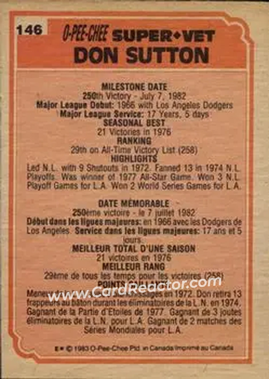 1983 O-Pee-Chee #146 - Don Sutton - Back