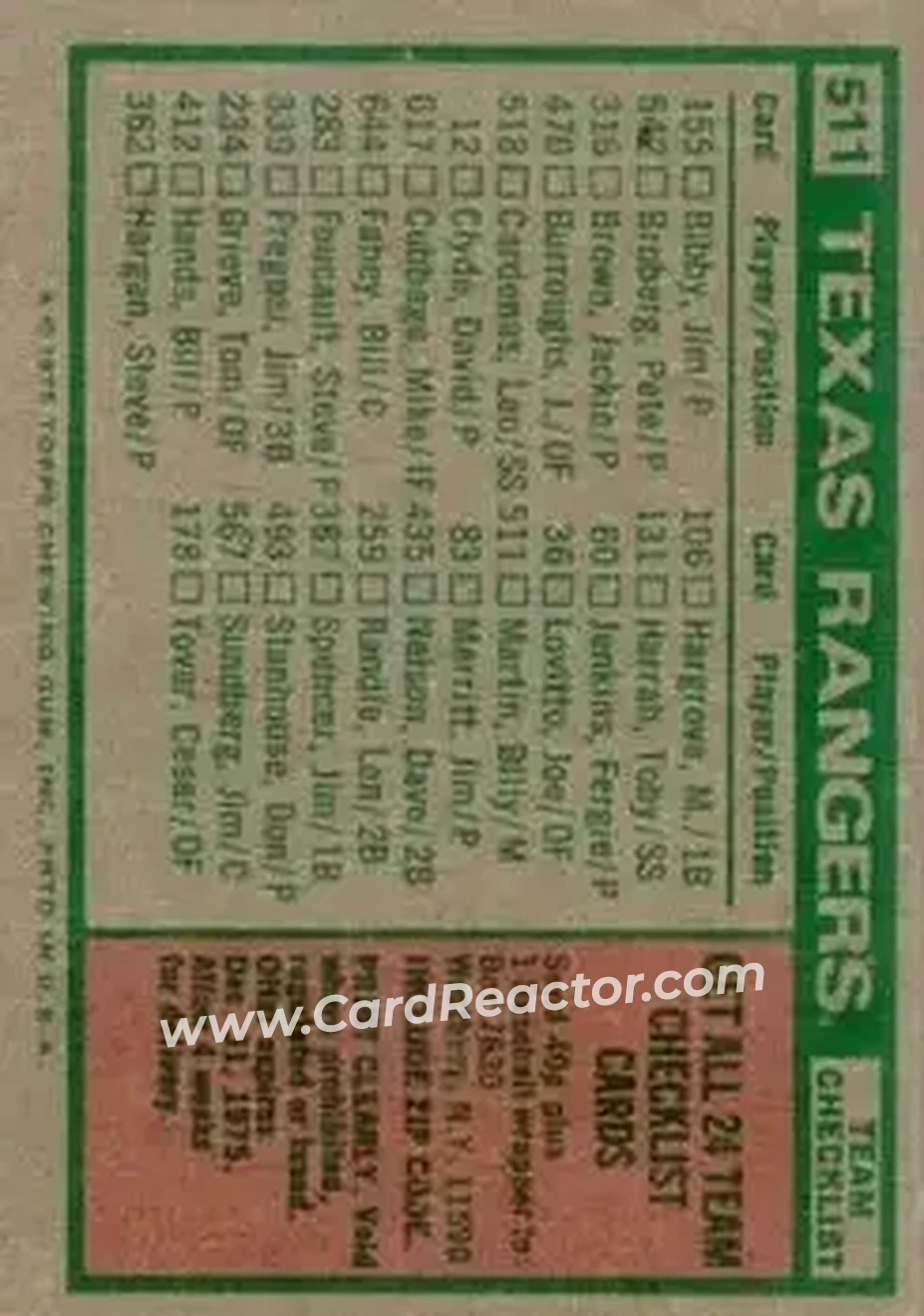 1975 Topps #511 - Card #511 - Texas Rangers - Back 1975 Topps #511 - Card #511 - Texas Rangers - Back