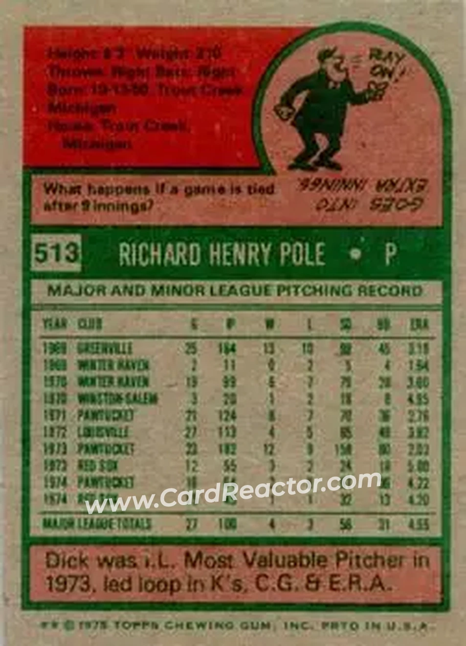 1975 Topps #513 - Dick Pole - Boston Red Sox - Back